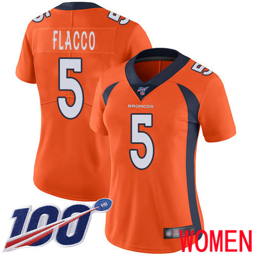 Women Denver Broncos #5 Joe Flacco Orange Team Color Vapor Untouchable Limited Player 100th Season Football NFL Jersey